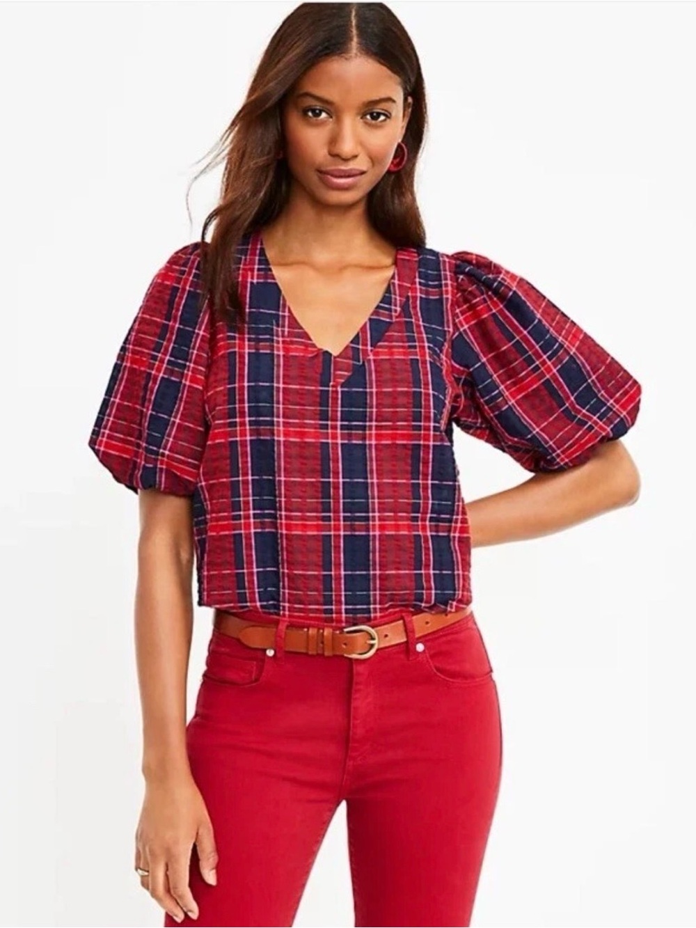 Loft Plaid Balloon Sleeve Short Sleeve Blouse Textured Red Navy Size L NWT
